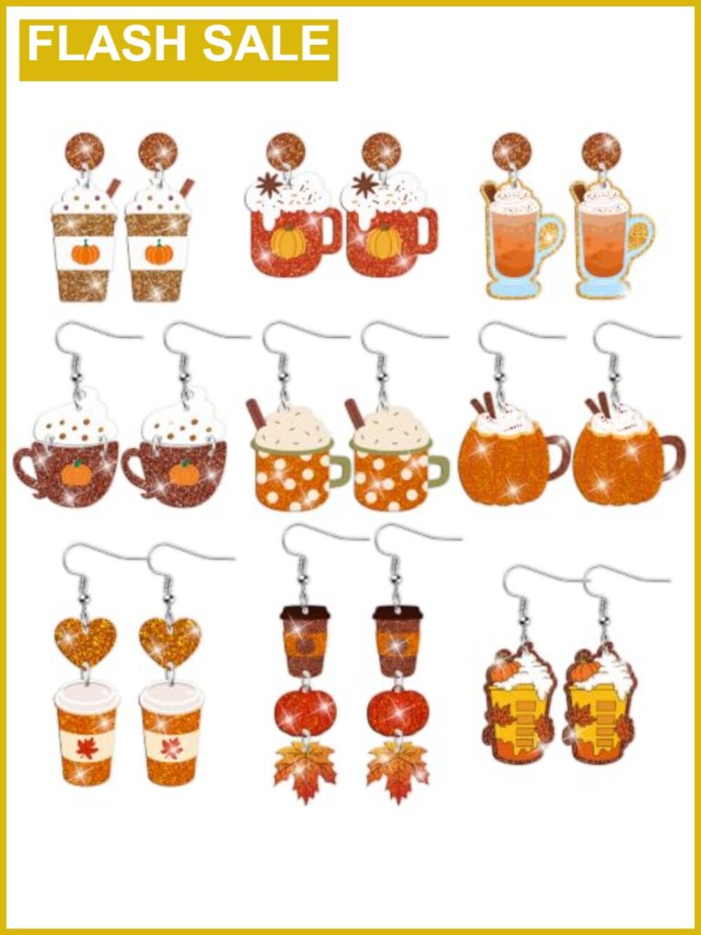 Glitter Acrylic Coffee Cup Dangle Earrings Stainless Steel Hooks